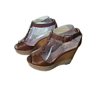 Coach Brown Leather T-Strap Gala Wedge Sandals Wood Espadrille Platform Size 6 B